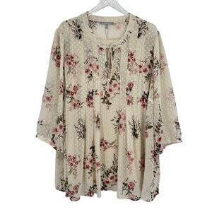 Daniel Rainn blouse 3X peasant Swiss dot cream red floral bird print chiffon NEW